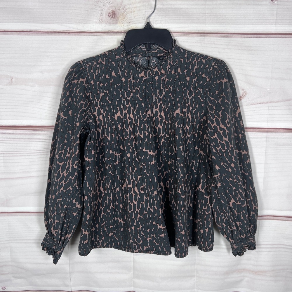 Rails Top Women XS Grey Pink Leopard Print Mock Neck Long Sleeve Blouse Pullover